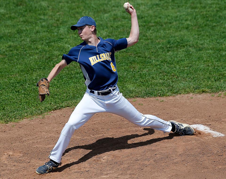 Hillsdale High School's Nick Kandel (6) delivers a pitch in the second inning against Mogadore High School during their OHSAA Division IV district semifinal baseball game at Medina High School on Tuesday, May 24, 2022. Hillsdale won the game 4-3. TOM E. PUSKAR/TIMES-GAZETTE.COM