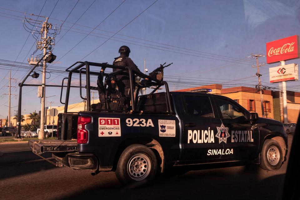Police patrol the streets in Culiacán, in the Mexican state of Sinaloa in November 2023. The city is the home base of the Sinaloa Cartel.