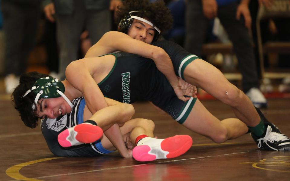 Frank Scalera II from Yorktown on his way to defeating Erik Coyt from Port Chester in the 108 pound match during the wrestling divisional at Clarkstown South High School in West Nyack, Feb. 3, 2024.