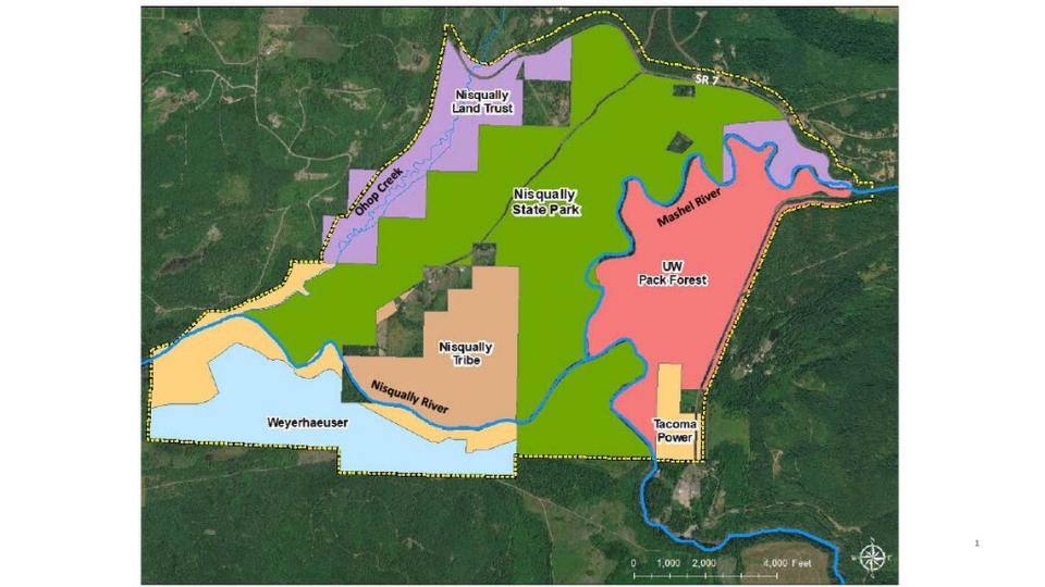 A map of Nisqually State Park in relation to neighboring properties in southeast Pierce County.