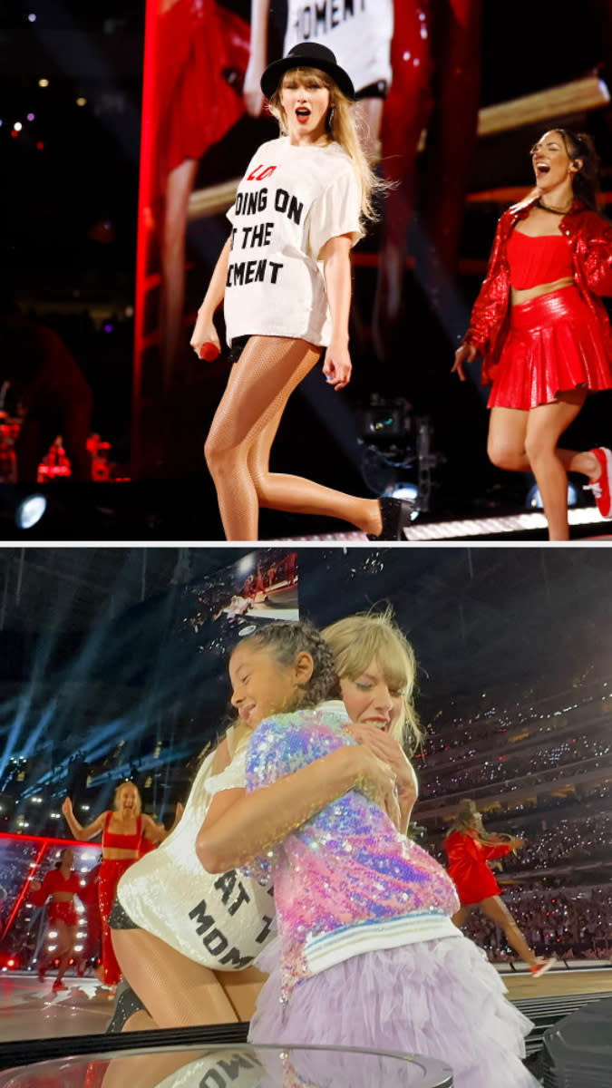 Swift performing "22" on stage; Swift hugging Bianka Bryant