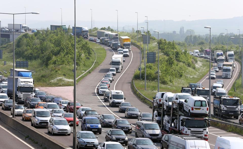 Traffic queues along the M25 in Dartford, Kent, as the bank holiday and half term rush begins.