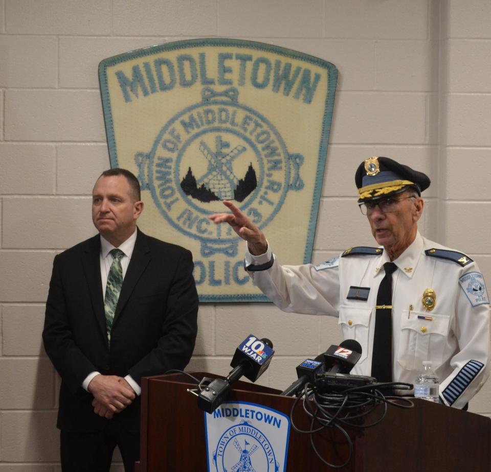 Middletown Police Chief Anthony Pesare talks about the death of John E. Corbett at a press conference on Friday, March 17, while Detective Lt. Timothy Beck, left, looks on.
