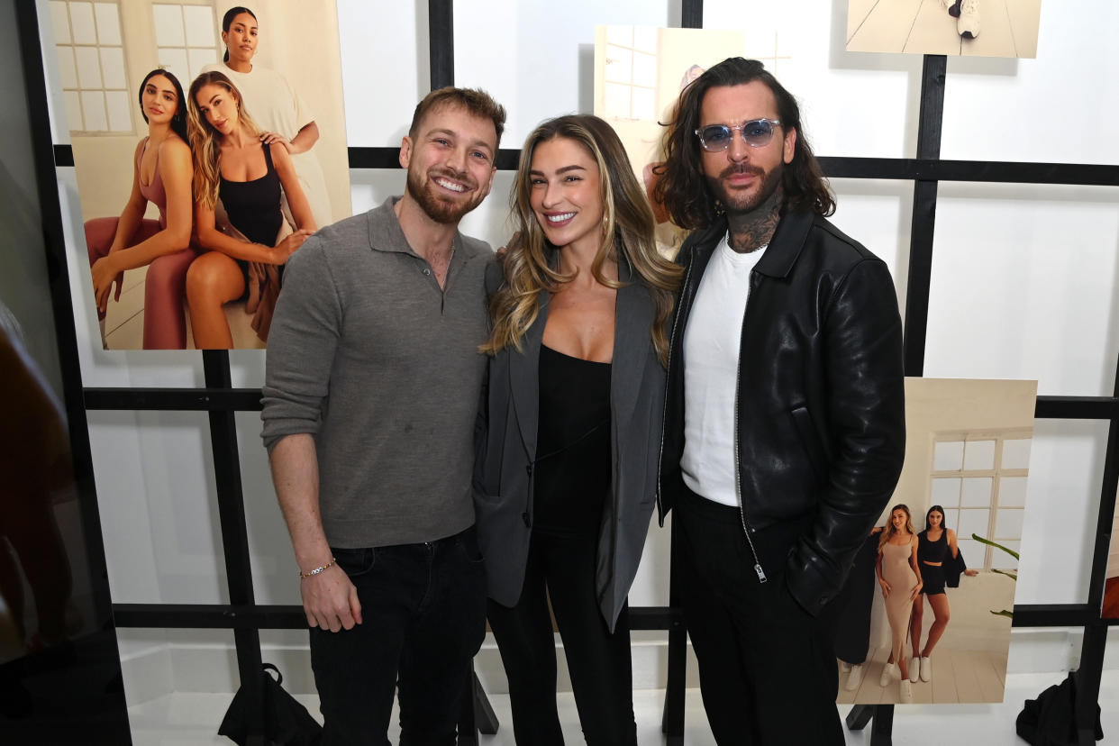 Sam Thompson, Zara McDermott and Pete Wicks attend her showcase of her new Everyday Essentials clothing brand venture RISE on April 17, 2024 in London, England. (Photo by Eamonn M. McCormack/Getty Images for Poeticgem Group)