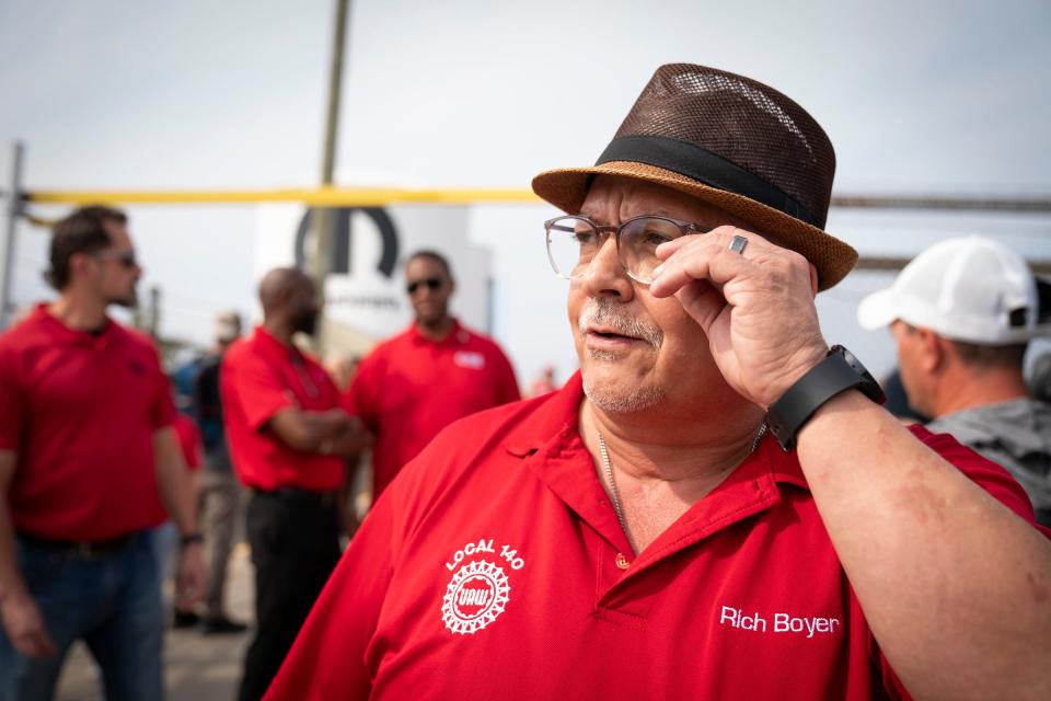 Rich Boyer, UAW vice president and head of the union's Stellantis department, greeted workers at Stellantis' Mopar facility in Center Line, Michigan, on Friday, after the union announced it would expand its strike against Ford Motor Co., General Motors and Stellantis, owner of Jeep, Ram, Chrysler, Dodge and Fiat, to include GM and Stellantis parts distribution centers.