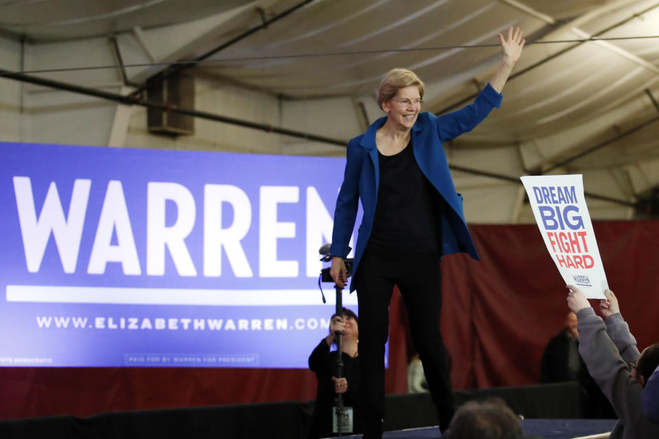 Democratic presidential candidate Sen. Elizabeth Warren, D-Mass., arrives to speak to supporters at a primary election night rally, Tuesday, Feb. 11, 2020, in Manchester, N.H. (AP Photo/Elise Amendola)