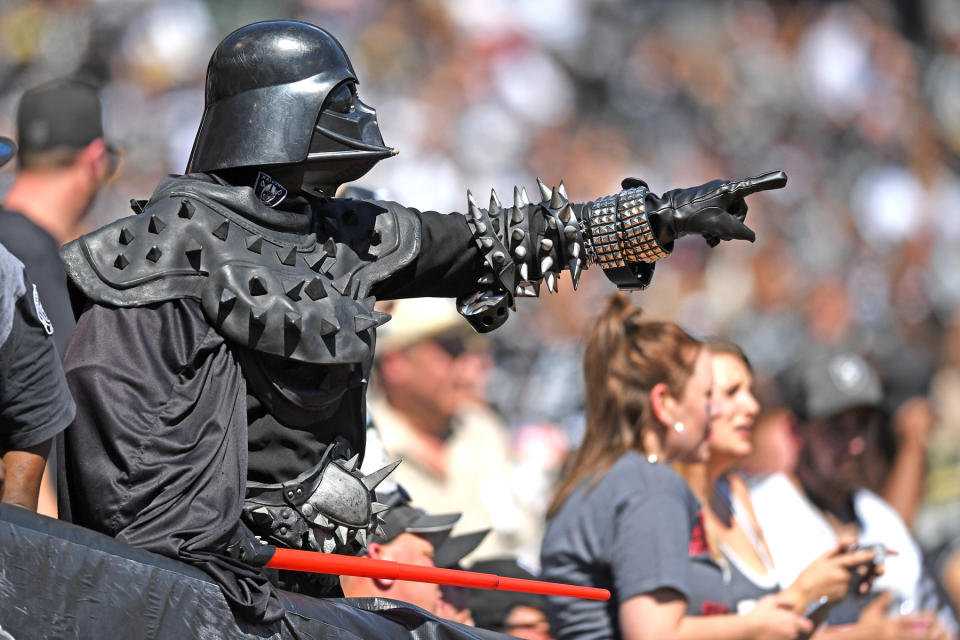 <p>An Oakland Raiders fan is seen in the stands during their NFL game against the Atlanta Falcons at Oakland-Alameda County Coliseum on September 18, 2016 in Oakland, California. (Photo by Thearon W. Henderson/Getty Images) </p>