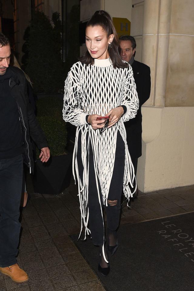 Bella Hadid's Off-the-Shoulder Sweater and Gingham Heels Look for