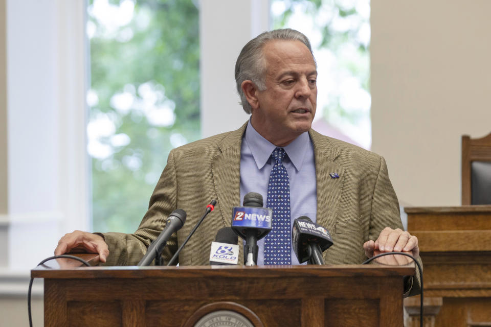 Nevada Gov. Joe Lombardo speaks at the old Assembly Chambers in Carson City, Nev., Tuesday, May 30, 2023. Women from states where abortion has been restricted since the overturning of Roe v. Wade will be protected from potential penalties under a new law signed by Nevada's Republican governor on Tuesday. Lombardo's approval adds Nevada to a list of states that have passed similar abortion sanctuary laws this year. (AP Photo/Tom R. Smedes)