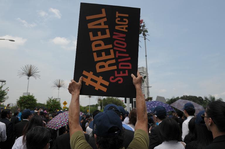 A man during a rally to repeal the Sedition Act outside Parliament house in Kuala Lumpur on October 16, 2014