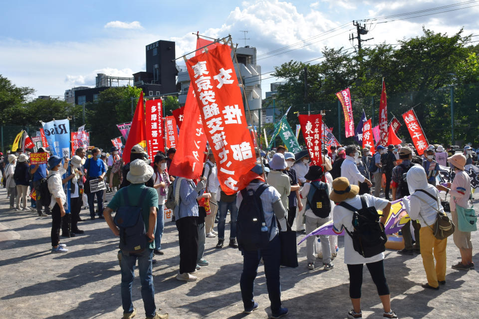 <p>Activists hold an anti-Olympics rally. Tokyo was to host the 2020 Summer Olympic Games on July 24-August 9, 2020. Earlier postponed for a year due to the COVID-19 pandemic, the games are now scheduled to take place on July 23-August 8, 2021. Alexei Zavrachayev/TASS (Photo by Alexei Zavrachayev\TASS via Getty Images)</p> 