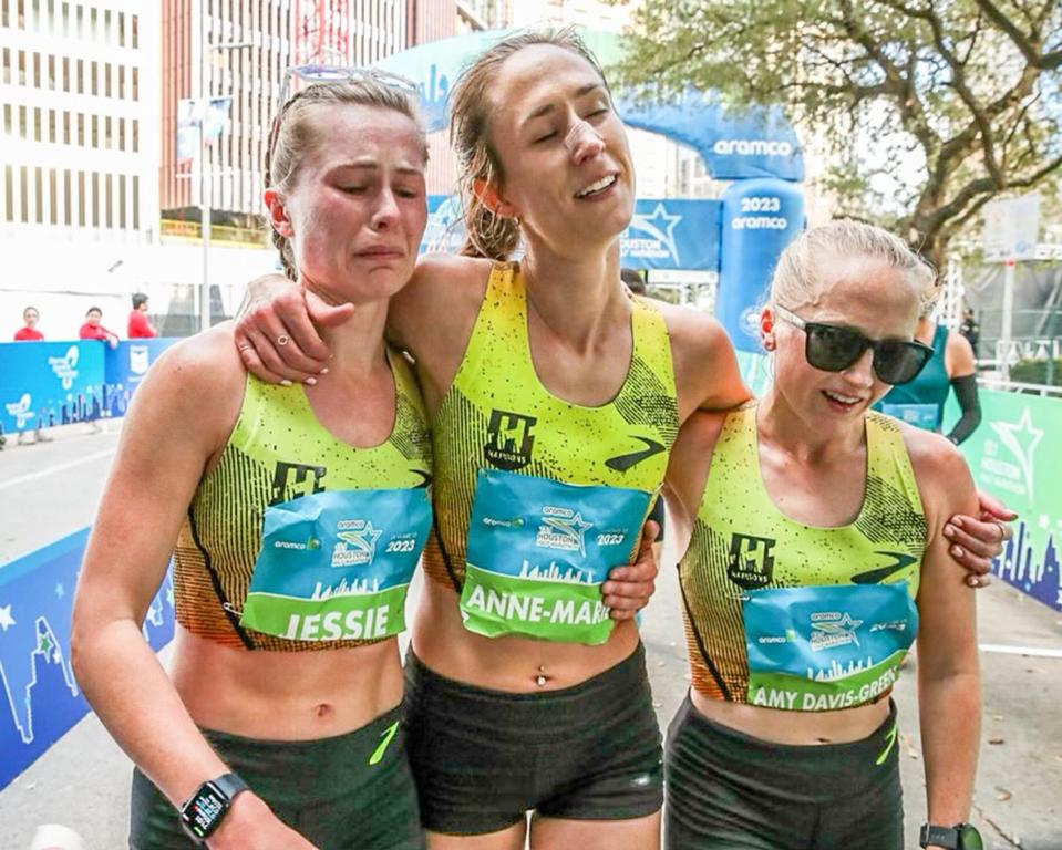 Hansons teammates, from left, Jessie Cardin, Anne-Marie Blaney and Amy Davis-Green catch their breath after the Houston Half Marathon in January.