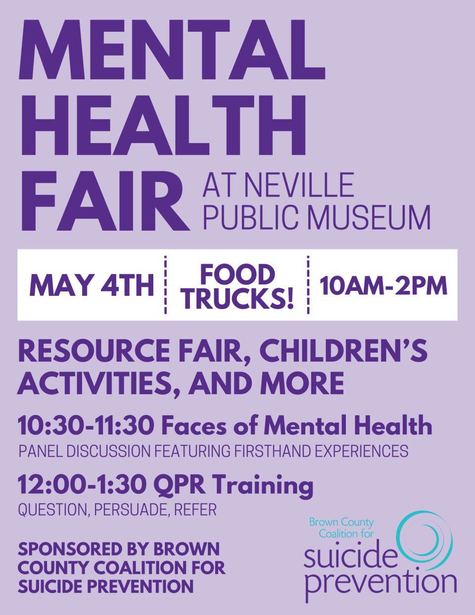 Poster for the free upcoming mental health fair from 10 a.m. to 2 p.m. May 4 at the Neville Public Museum.