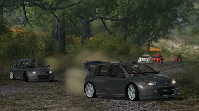 Screenshot of rally cars on a gravel road in World Racing 2: Champion Edition.