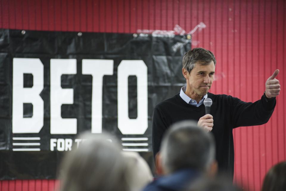 Democratic gubernatorial candidate Beto O'Rourke gives a thumbs-up as he speaks during a campaign stop in February in Odessa.