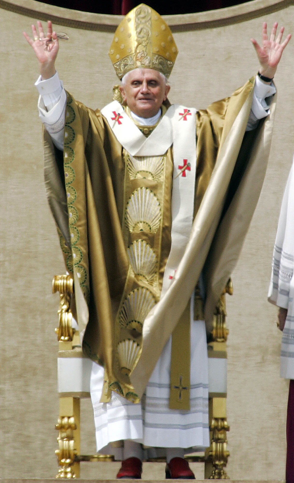 FILE - Pope Benedict XVI opens his arms as he celebrates his installment Mass in St. Peter's Square at the Vatican on April 24, 2005. Pope Emeritus Benedict XVI, the German theologian who will be remembered as the first pope in 600 years to resign, has died, the Vatican announced Saturday. He was 95. (AP Photo/Alessandra Tarantino, File)