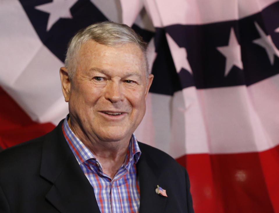 FILE - In this Tuesday, Nov. 6, 2018 file photo, U.S. Rep. Dana Rohrabacher, R-Costa Mesa, addresses members of the media and supporters waiting for elections results at the Skosh Monahan's Irish Pub in Costa Mesa, Calif. A string of losses has set off a fresh round of Republican soul-searching in California, where the party has been drifting toward irrelevance for years. Along with Republican U.S. Rep. Mimi Walters' loss on Thursday, Nov. 15, 2018, in Orange County, 15-term Rep. Rohrabacher was ousted from his nearby district. (AP Photo/Damian Dovarganes, File)