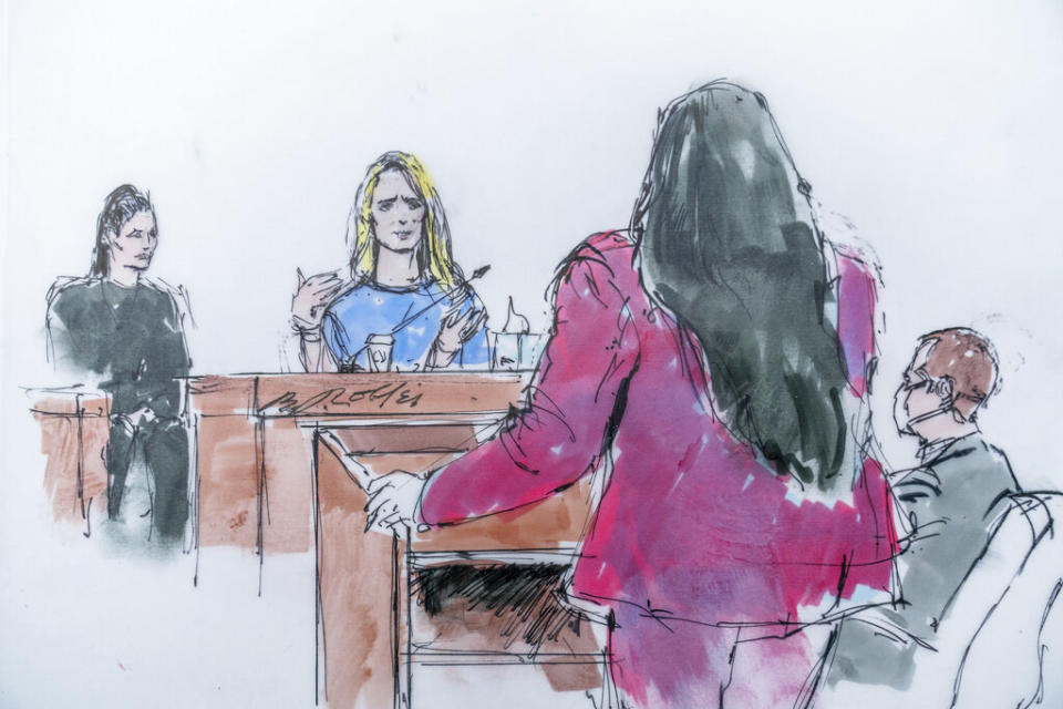 In this courtroom artist sketch, Jennifer Siebel Newsom, center, a documentary filmmaker and the wife of California Gov. Gavin Newsom, takes the stand at the trial of Harvey Weinstein in Los Angeles, Monday, Nov. 14, 2022.