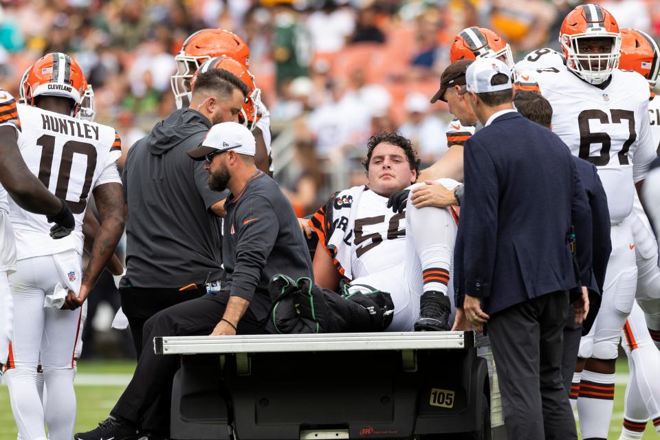 August 10, 2024; Cleveland, Ohio, USA; Cleveland Browns center Luke Wypler (56) rides back to the locker room by ambulance after sustaining an injury during the second quarter against the Green Bay Packers at Cleveland Browns Stadium. Mandatory Photo Credit: Scott Galvin-USA TODAY Sports