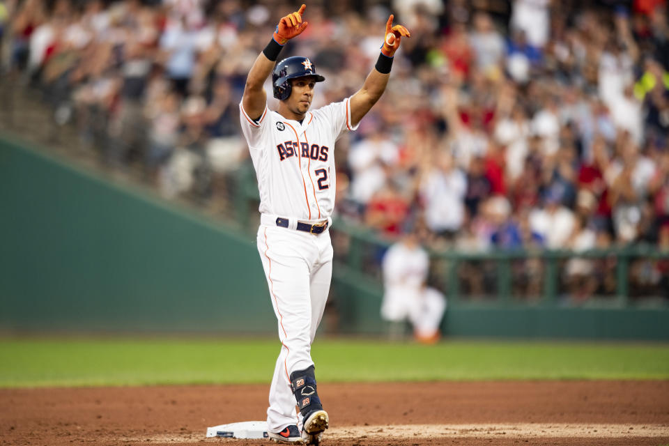 Michael Brantley celebrates his RBI double in the 2019 Major League Baseball All-Star Game at Progressive Field on July 9, 2019 in Cleveland, Ohio. (Photo by Billie Weiss/Boston Red Sox/Getty Images)