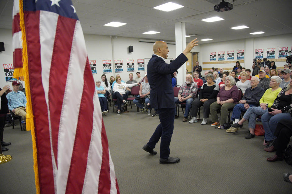 Democratic presidential candidate Sen. Cory Booker, D-N.J., addresses the crowd during an election stop at the Sioux City Public Museum in Sioux City, Iowa, Monday, April 15, 2019. (AP Photo/Nati Harnik)