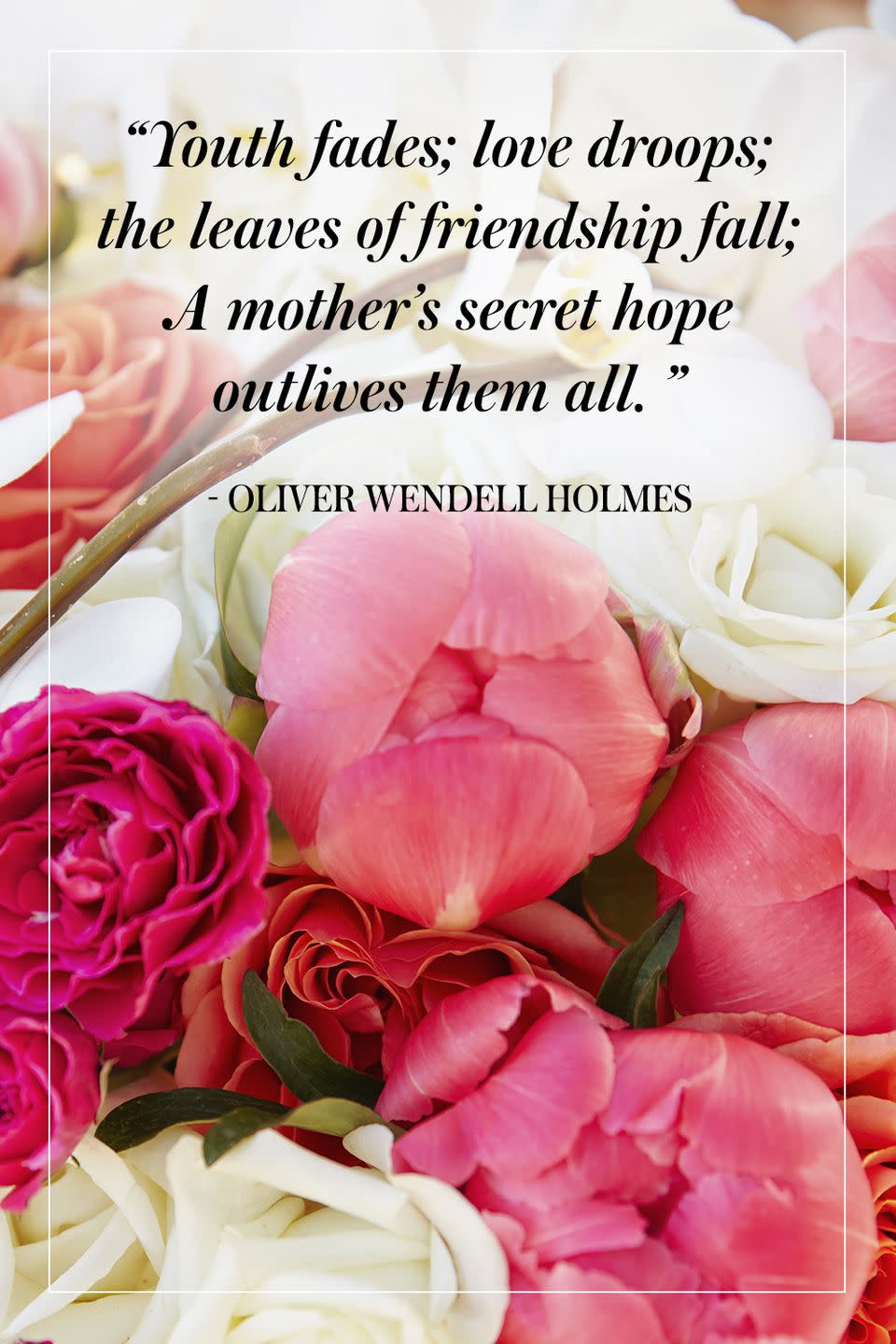 <p>"Youth fades; love droops; the leaves of friendship fall; A mother's secret hope outlives them all."</p><p>- Oliver Wendell Holmes</p>