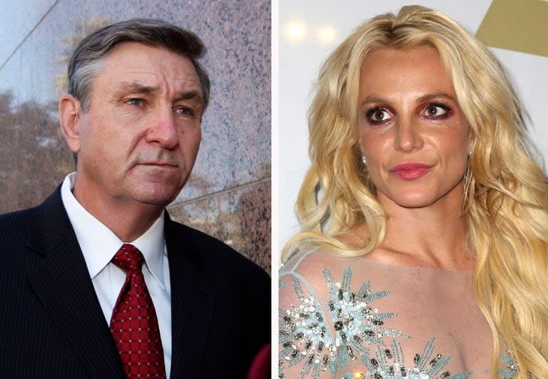 Esta combinación de fotografías muestra a Jamie Spears (izquierda) padre de la cantante Britney Spears, mientras sale de un tribunal el 24 de octubre de 2012 en Los Ángeles. En el lado derecho se muestra a la cantante en un evento el 11 de febrero de 2017, en Beverly Hills, California. (AP Foto)