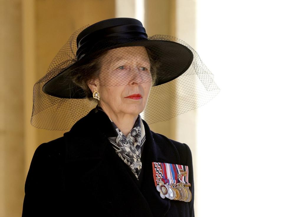 <p>Princess Anne looked stoic during the Ceremonial Procession of Prince Philip's funeral. </p>