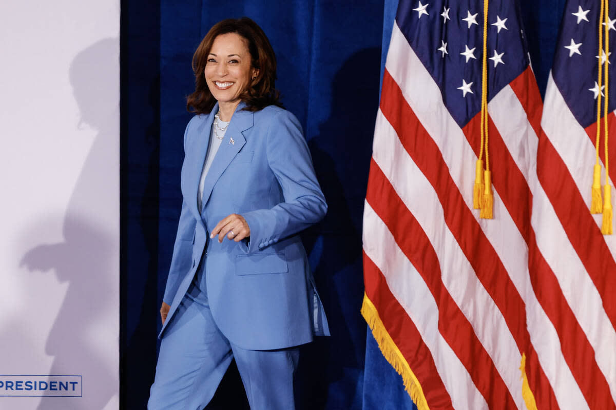 Vice President Kamala Harris smiles as she arrives for a speech in Las Vegas Friday.