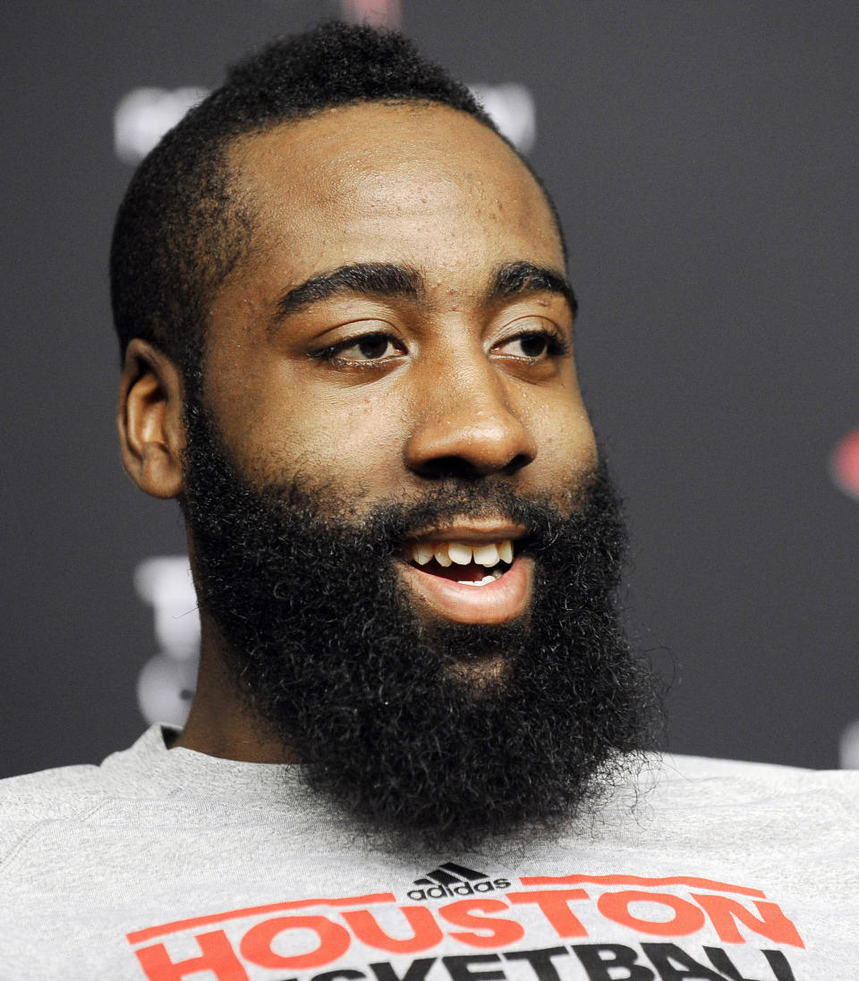 In this photo taken Monday, Feb. 4, 2013, Houston Rockets basketball player James Harden talks about his favorite Houston restaurants during an interview in Houston. The 23-year-old will make his NBA All-Star debut when the game and its weekend of festivities comes to Houston Feb. 15-17. (AP Photo/Pat Sullivan)