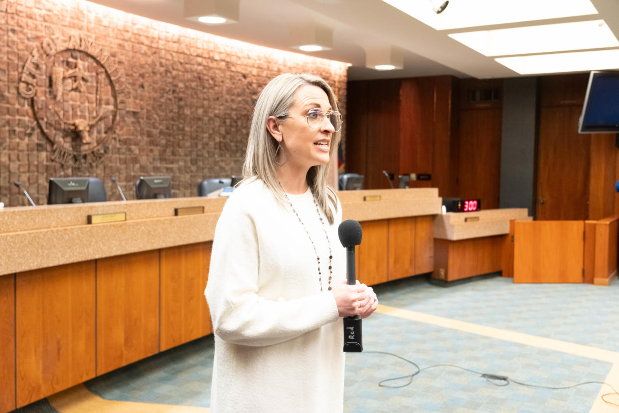 Laura Storrs, Amarillo assistant city manager, speaks about the issuance of certificates of obligation after a city council meeting in January in downtown Amarillo.