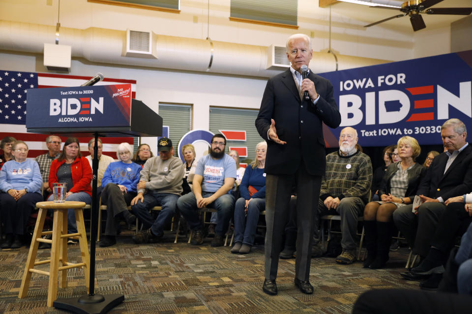 Democratic presidential candidate former U.S. Vice President Joe Biden speaks to local residents during a bus tour stop at Water's Edge Nature Center, Monday, Dec. 2, 2019, in Algona, Iowa. (AP Photo/Charlie Neibergall)