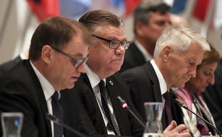 Finland's Prime Minister Juha Sipila, Finland's Minister of Foreign Affairs Timo Soini and Secretary General of the Council of Europe Thorbjorn Jagland attend The Ministers for Foreign Affairs of the Council of Europe's annual meeting in Helsinki, Finland May 17, 2019. Lehtikuva/Vesa Moilanen via REUTERS