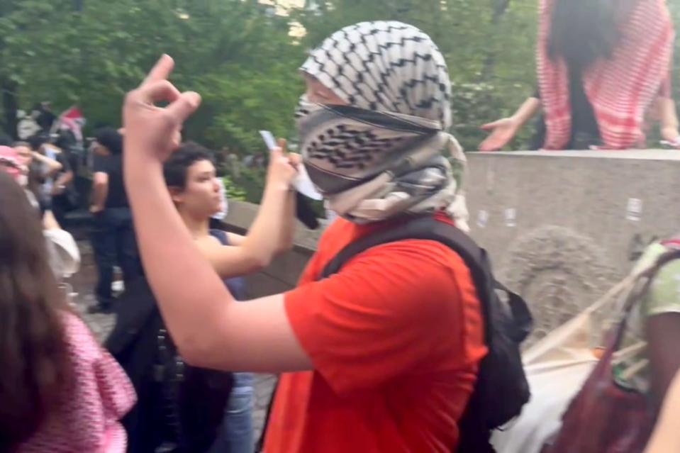 One of the anti-Israel protesters who vandalized the Central Park memorial. Jack Morphet/NY Post