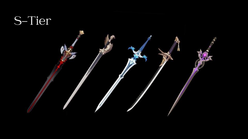 From left to right: The Black Sword, Favonius Sword, Sacrificial Sword, Amenoma Kageuchi, Festering Desire. (Photos: HoYoverse)