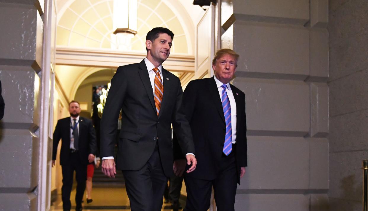 Speaker of the House Paul Ryan (R-Wis.) with President Donald Trump before a June 19 meeting on Capitol Hill. Despite Ryan's 2012 campaign rhetoric that the GOP vision of &ldquo;free enterprise&rdquo; is &ldquo;about more than material riches,&rdquo; Republicans actually rely on the financial system to protect its political elite. &nbsp; (Photo: Matt McClain/The Washington Post via Getty Images)