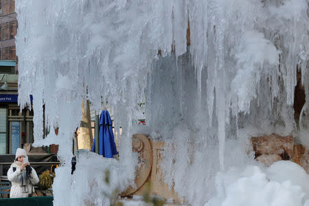 A woman stops to photograph the frozen Josephine Shaw Lowell Memorial Fountain in New York, U.S., January 3, 2018. REUTERS/Lucas Jackson