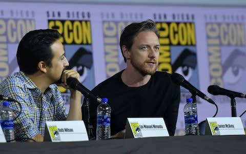 Actors Lin-Manuel Miranda and James McAvoy speak during the "His Dark Materials" panel during Comic Con in San Diego