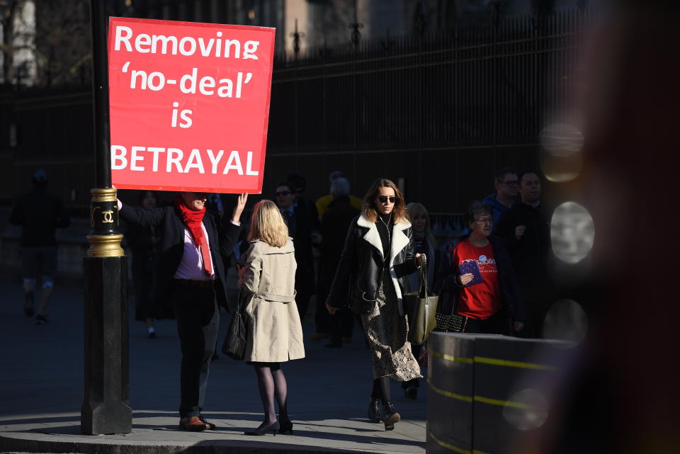 Pro-Brexit supporters demonstrate outside the Houses of Parliament, on February 26, 2019 in London, England. Photo: Leon Neal/Getty Images