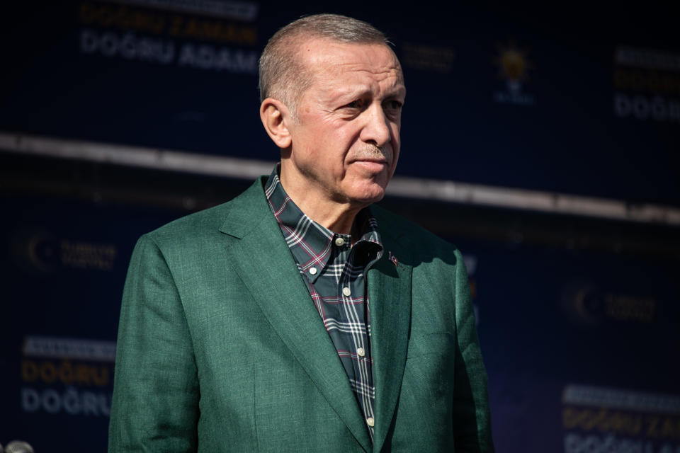 On 3 May 2023, Turkish President Recep Tayyip Erdogan spoke at a large political campaign rally in his family's Black Sea hometown of Rize, Turkey. Addressing a crowd of conservative Justice and Development Party (AKP) voters, Erdogan criticized the opposition and highlighted his record as Turkey's longest serving leader ahead of pivotal presidential and parliamentary elections in the country. (Photo by Diego Cupolo/NurPhoto via Getty Images)