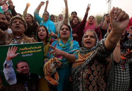 Supporters of the ruling Pakistan Muslim League (Nawaz) (PML-N) chant slogans outside the accountability court where Nawaz Sharif appeared to face corruption charges filed against him, in Islamabad, Pakistan November 3, 2017. REUTERS/Faisal Mahmood