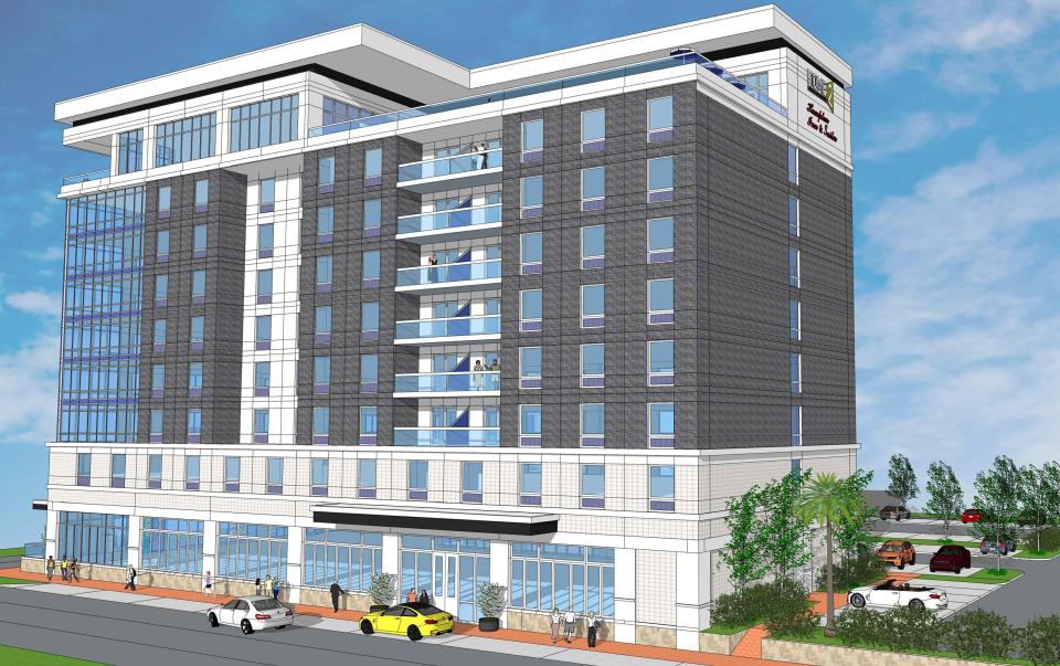 The view of a proposed nine story hotel that may replace New World Landing as viewed from Palafox Street.