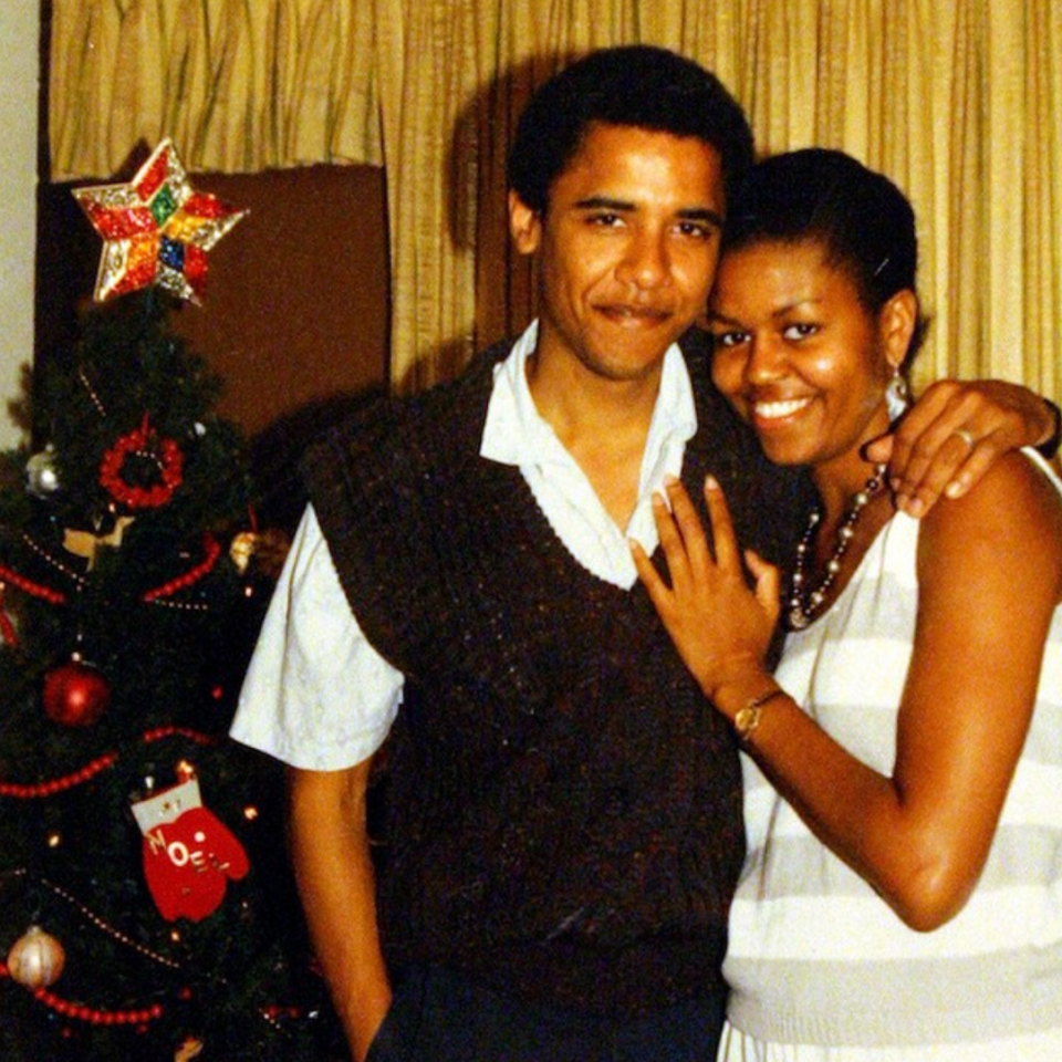 <p>Michelle and Barack celebrate Christmas in the early 90s.<em> [Photo: Michelle Obama/ Instagram]</em> </p>