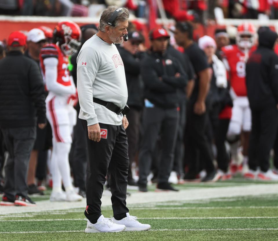 Utah Utes head coach Kyle Whittingham stands on the sideline during a timeout with Oregon in Salt Lake City on Saturday, Oct. 28, 2023.