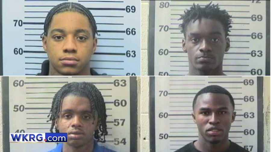 Mugshots of Kenyadrick Drake, 21 of Mobile, Isaac Parker, 20 of Mobile, Antiono Sykes, 20 of Mobile, Terrell Smith-Dickerson, 23 of Theodore with a WKRG.com logo