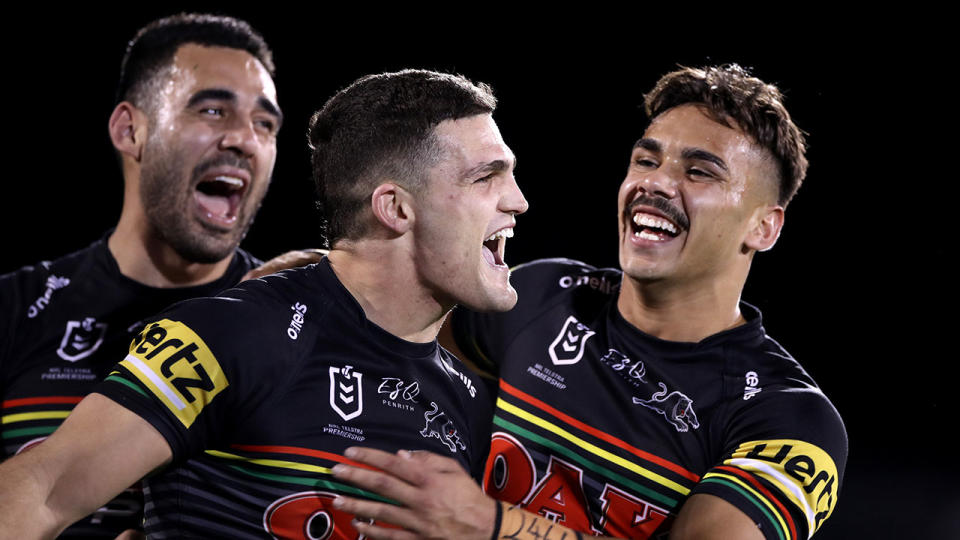 Seen here, Penrith Panthers players celebrate during their win over Cronulla.