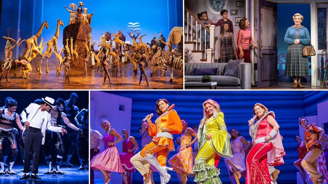 The Durham Performing Arts Center releases 2023-24 season of Broadway musicals. Clockwise from top left, “The Lion King,” “Mrs. Doubtfire,” “Mamma Mia!” and “MJ The Musical.”