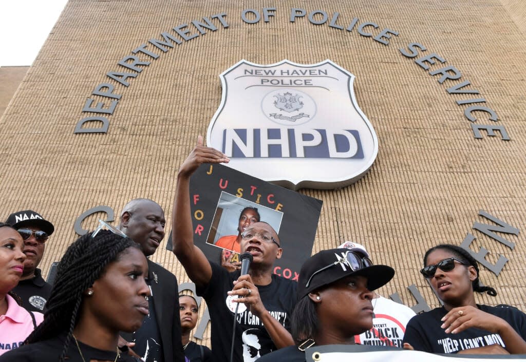 Jerry Brown, center, brother of Richard “Randy” Cox Jr., speaks during a rally for Justice for Randy Cox in front of the New Haven Police Department, Friday, July 8, 2022, in New Haven, Conn. (Arnold Gold/New Haven Register via AP, File)