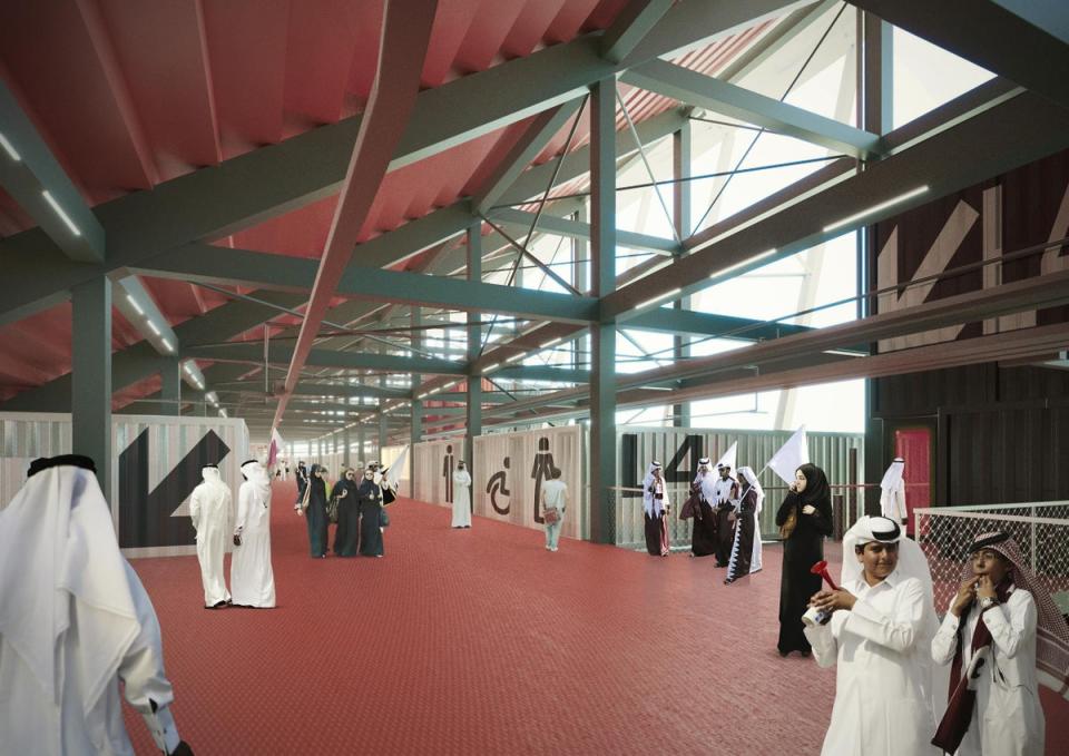 In this undated computer-generated artists impression provided by 2022 Supreme Committee for Delivery and Legacy, the Ras Abu Aboud stadium, a Qatar 2022 World Cup venue to be built in Doha, Qatar. (2022 Supreme Committee for Delivery and Legacy via Getty Images)