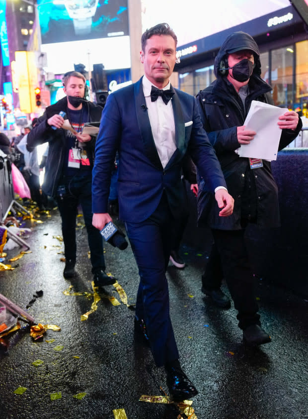 Ryan Seacrest is seen in Times Square as he hosts "Dick Clark's New Year's Rockin' Eve" on Jan. 1, 2023, in New York City.<p><a href="https://www.gettyimages.com/detail/1453555351" rel="nofollow noopener" target="_blank" data-ylk="slk:Gotham/Getty Images;elm:context_link;itc:0;sec:content-canvas" class="link ">Gotham/Getty Images</a></p>